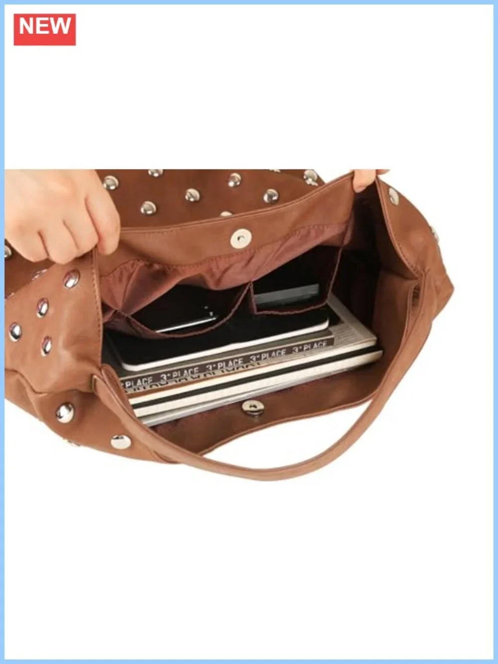 Vegan Leather Studded Hobo Tote Bag Rivet Shoulder Punk Handbag